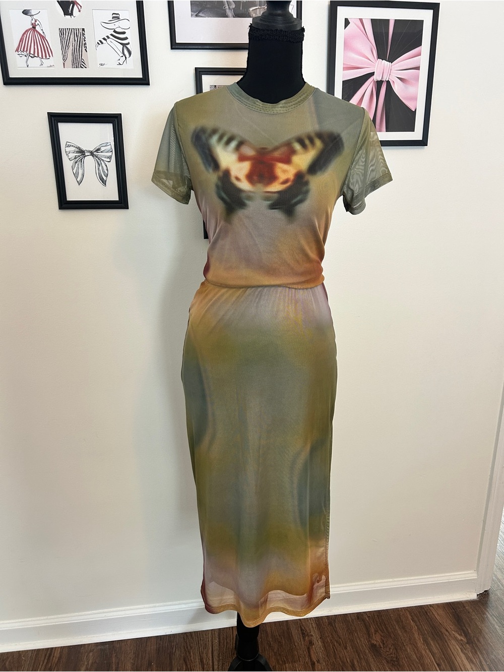 No Boundaries Olive Multi Butterfly Mesh Midi Dress & Top Set